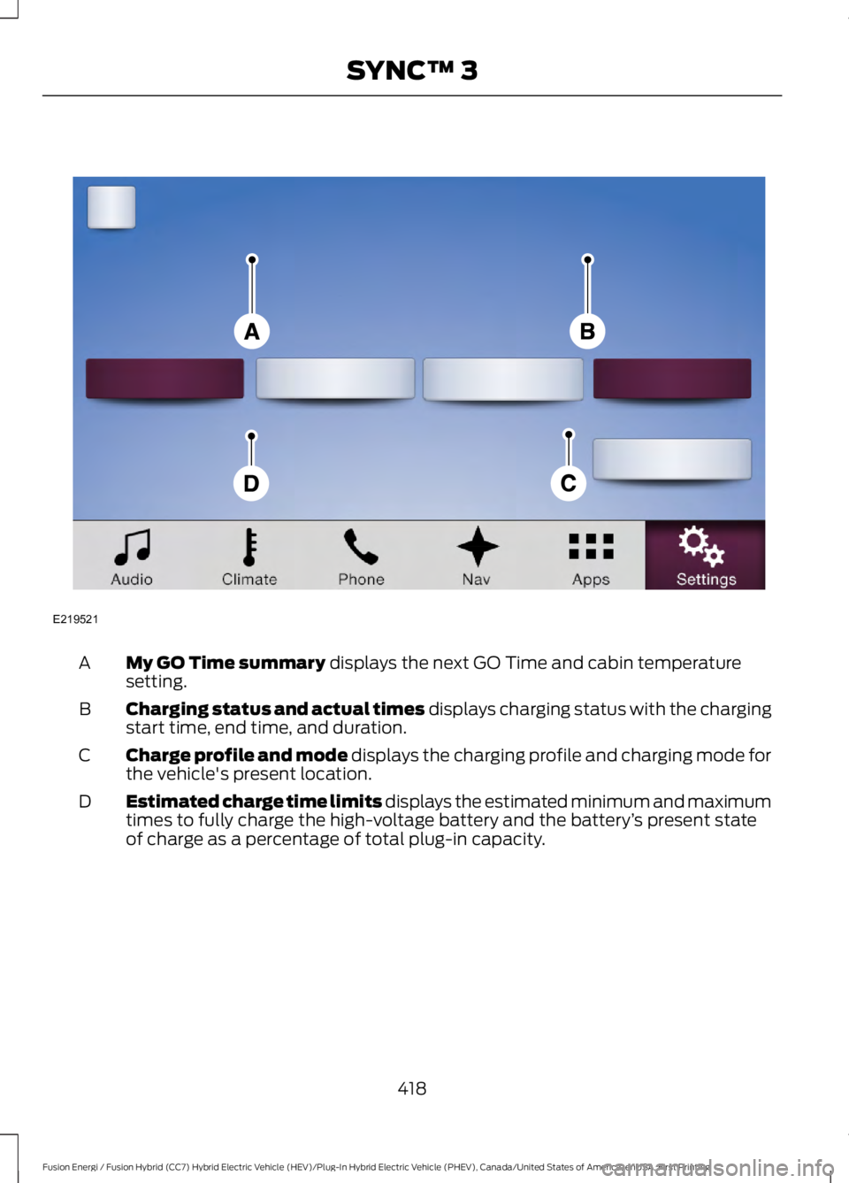 FORD FUSION HYBRID 2017 Owners Manual My GO Time summary displays the next GO Time and cabin temperaturesetting.A
Charging status and actual times displays charging status with the chargingstart time, end time, and duration.B
Charge profi FORD FUSION HYBRID 2017 Owners Manual My GO Time summary displays the next GO Time and cabin temperaturesetting.A
Charging status and actual times displays charging status with the chargingstart time, end time, and duration.B
Charge profi
