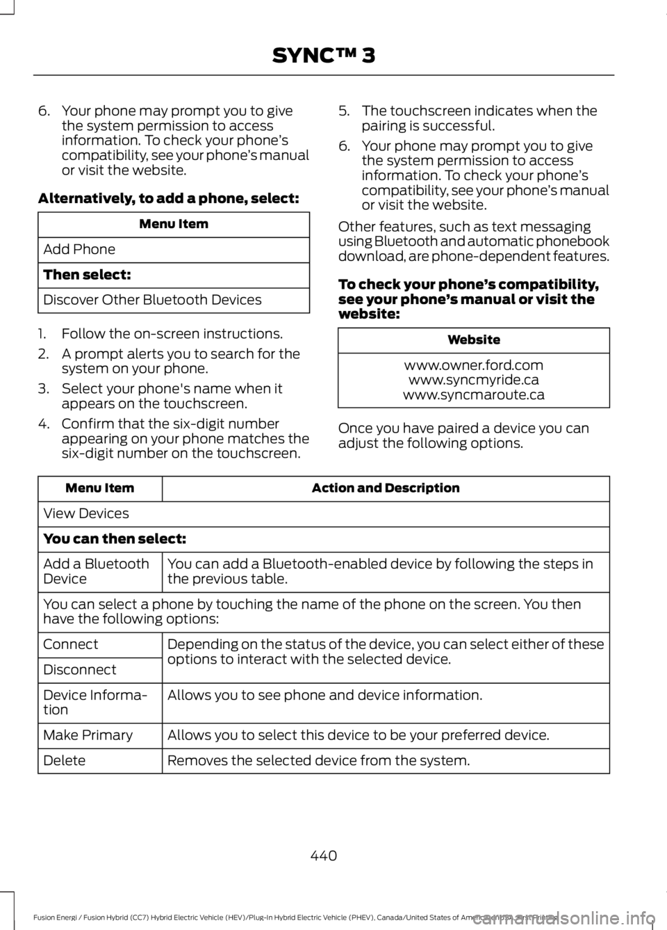 FORD FUSION HYBRID 2017 Owners Manual 6. Your phone may prompt you to givethe system permission to accessinformation. To check your phone’scompatibility, see your phone’s manualor visit the website.
Alternatively, to add a phone, sele FORD FUSION HYBRID 2017 Owners Manual 6. Your phone may prompt you to givethe system permission to accessinformation. To check your phone’scompatibility, see your phone’s manualor visit the website.
Alternatively, to add a phone, sele