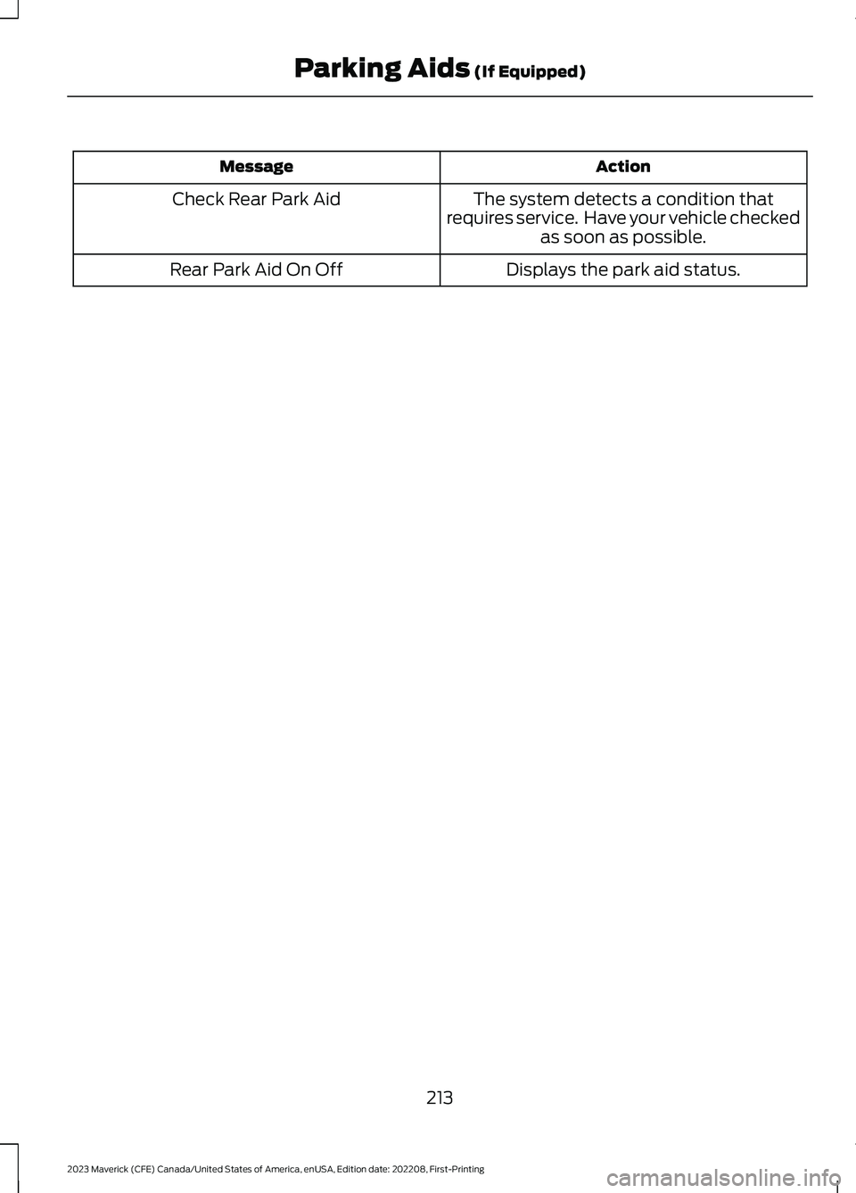 FORD MAVERICK 2023  Owners Manual ActionMessage
The system detects a condition thatrequires service.  Have your vehicle checkedas soon as possible.
Check Rear Park Aid
Displays the park aid status.Rear Park Aid On Off
213
2023 Maveric