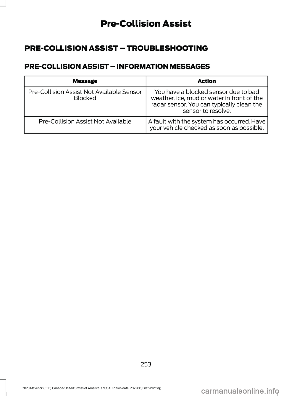 FORD MAVERICK 2023  Owners Manual PRE-COLLISION ASSIST – TROUBLESHOOTING
PRE-COLLISION ASSIST – INFORMATION MESSAGES
ActionMessage
You have a blocked sensor due to badweather, ice, mud or water in front of theradar sensor. You can