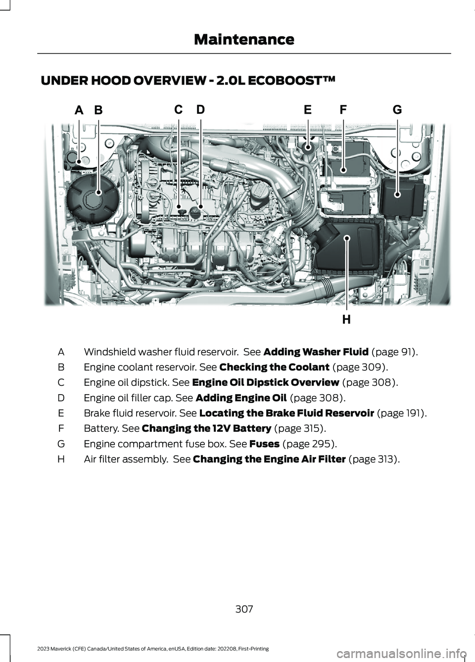 FORD MAVERICK 2023 Owners Manual UNDER HOOD OVERVIEW - 2.0L ECOBOOST™
Windshield washer fluid reservoir. See Adding Washer Fluid (page 91).A
Engine coolant reservoir. See Checking the Coolant (page 309).B
Engine oil dipstick. See E FORD MAVERICK 2023 Owners Manual UNDER HOOD OVERVIEW - 2.0L ECOBOOST™
Windshield washer fluid reservoir. See Adding Washer Fluid (page 91).A
Engine coolant reservoir. See Checking the Coolant (page 309).B
Engine oil dipstick. See E