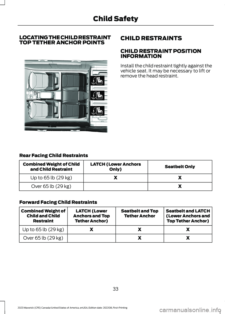 FORD MAVERICK 2023 Owners Guide LOCATING THE CHILD RESTRAINTTOP TETHER ANCHOR POINTSCHILD RESTRAINTS
CHILD RESTRAINT POSITIONINFORMATION
Install the child restraint tightly against thevehicle seat. It may be necessary to lift orremo