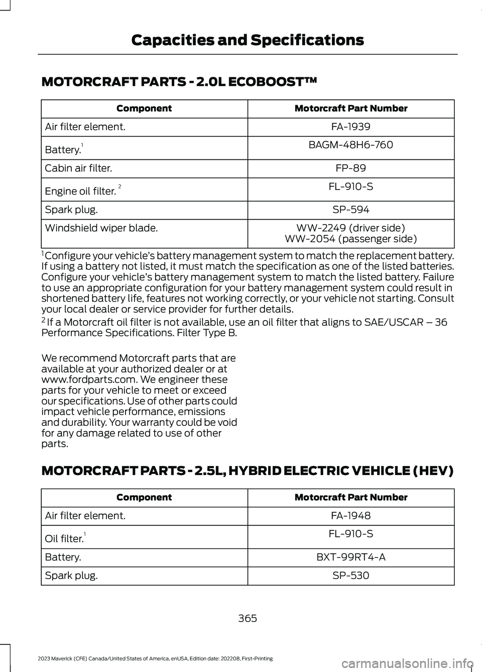 FORD MAVERICK 2023 Owners Manual MOTORCRAFT PARTS - 2.0L ECOBOOST™
Motorcraft Part NumberComponent
FA-1939Air filter element.
BAGM-48H6-760Battery.1
FP-89Cabin air filter.
FL-910-SEngine oil filter.2
SP-594Spark plug.
WW-2249 (driv FORD MAVERICK 2023 Owners Manual MOTORCRAFT PARTS - 2.0L ECOBOOST™
Motorcraft Part NumberComponent
FA-1939Air filter element.
BAGM-48H6-760Battery.1
FP-89Cabin air filter.
FL-910-SEngine oil filter.2
SP-594Spark plug.
WW-2249 (driv