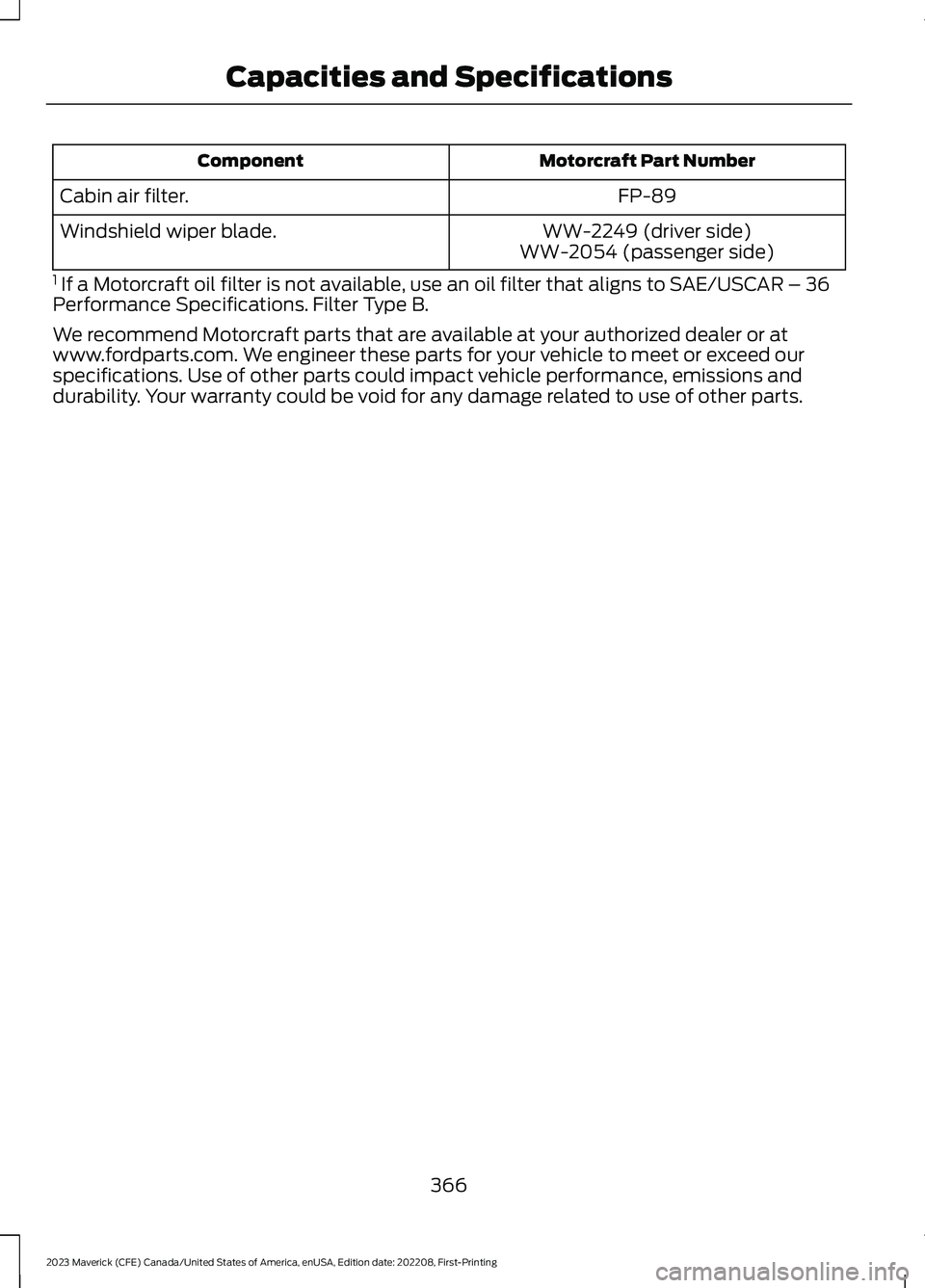 FORD MAVERICK 2023 Owners Manual Motorcraft Part NumberComponent
FP-89Cabin air filter.
WW-2249 (driver side)Windshield wiper blade.WW-2054 (passenger side)
1 If a Motorcraft oil filter is not available, use an oil filter that aligns FORD MAVERICK 2023 Owners Manual Motorcraft Part NumberComponent
FP-89Cabin air filter.
WW-2249 (driver side)Windshield wiper blade.WW-2054 (passenger side)
1 If a Motorcraft oil filter is not available, use an oil filter that aligns