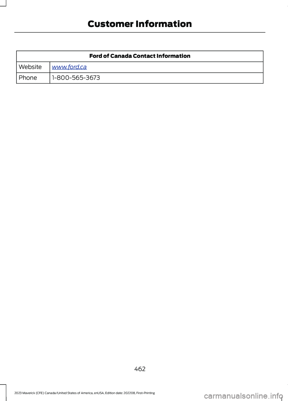 FORD MAVERICK 2023 Owners Manual Ford of Canada Contact Information
www.ford.caWebsite
1-800-565-3673Phone
462
2023 Maverick (CFE) Canada/United States of America, enUSA, Edition date: 202208, First-PrintingCustomer Information FORD MAVERICK 2023 Owners Manual Ford of Canada Contact Information
www.ford.caWebsite
1-800-565-3673Phone
462
2023 Maverick (CFE) Canada/United States of America, enUSA, Edition date: 202208, First-PrintingCustomer Information