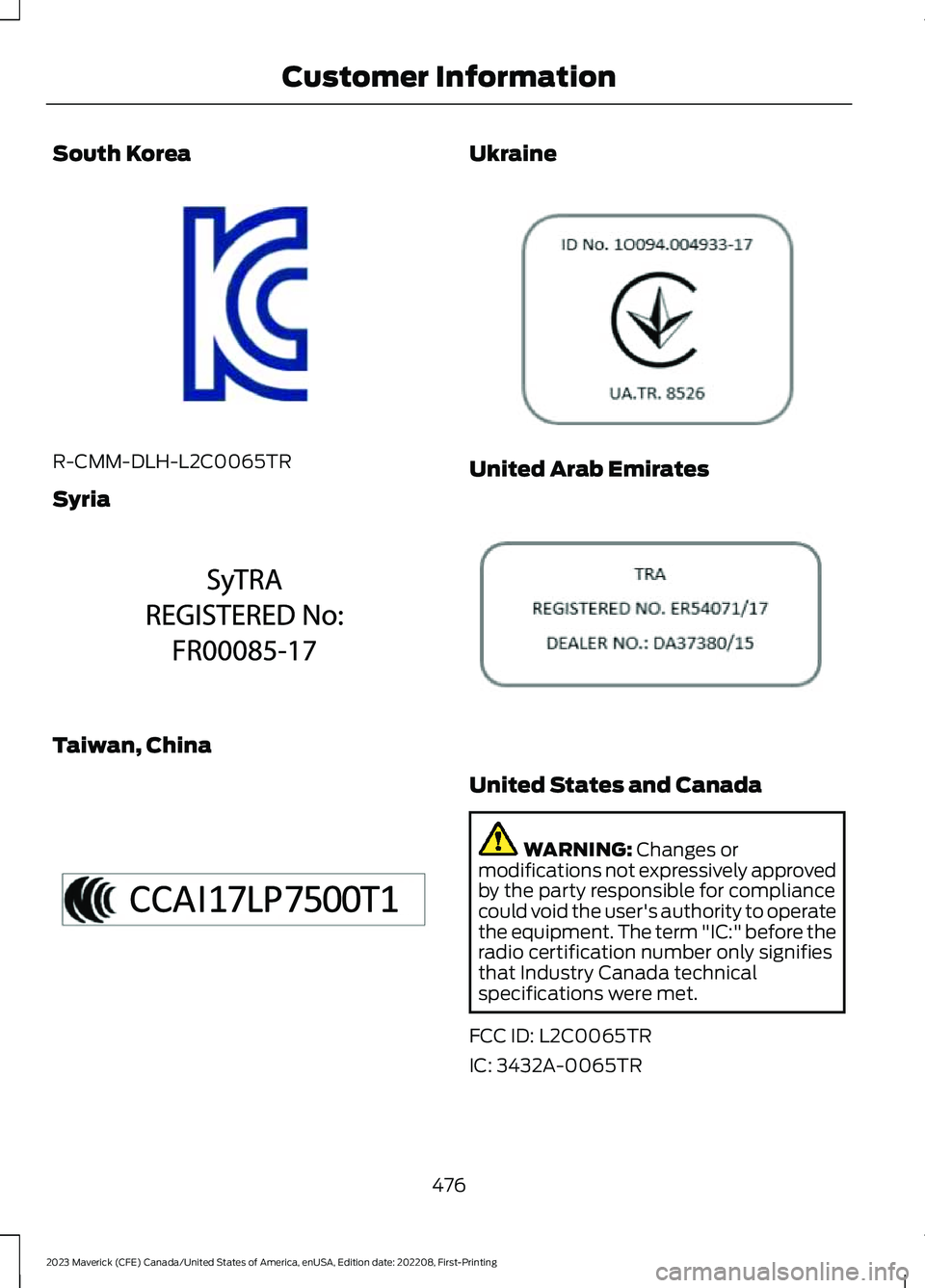 FORD MAVERICK 2023  Owners Manual South Korea
R-CMM-DLH-L2C0065TR
Syria
Taiwan, China
Ukraine
United Arab Emirates
United States and Canada
WARNING: Changes ormodifications not expressively approvedby the party responsible for complia