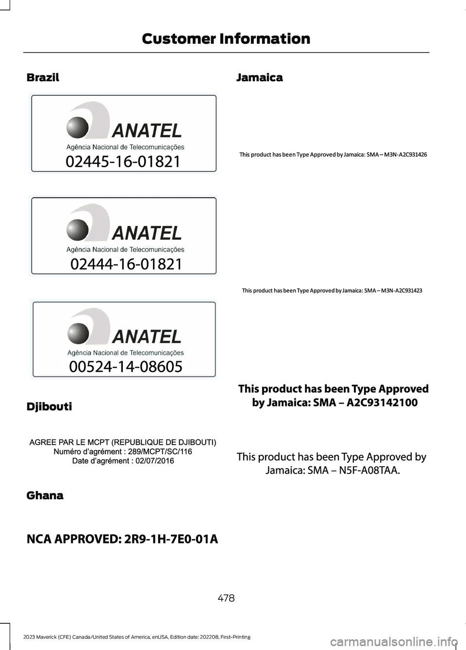 FORD MAVERICK 2023  Owners Manual Brazil
Djibouti
Ghana
Jamaica
478
2023 Maverick (CFE) Canada/United States of America, enUSA, Edition date: 202208, First-PrintingCustomer InformationE340121  E340120  E342144  E340306  E340307  E3402