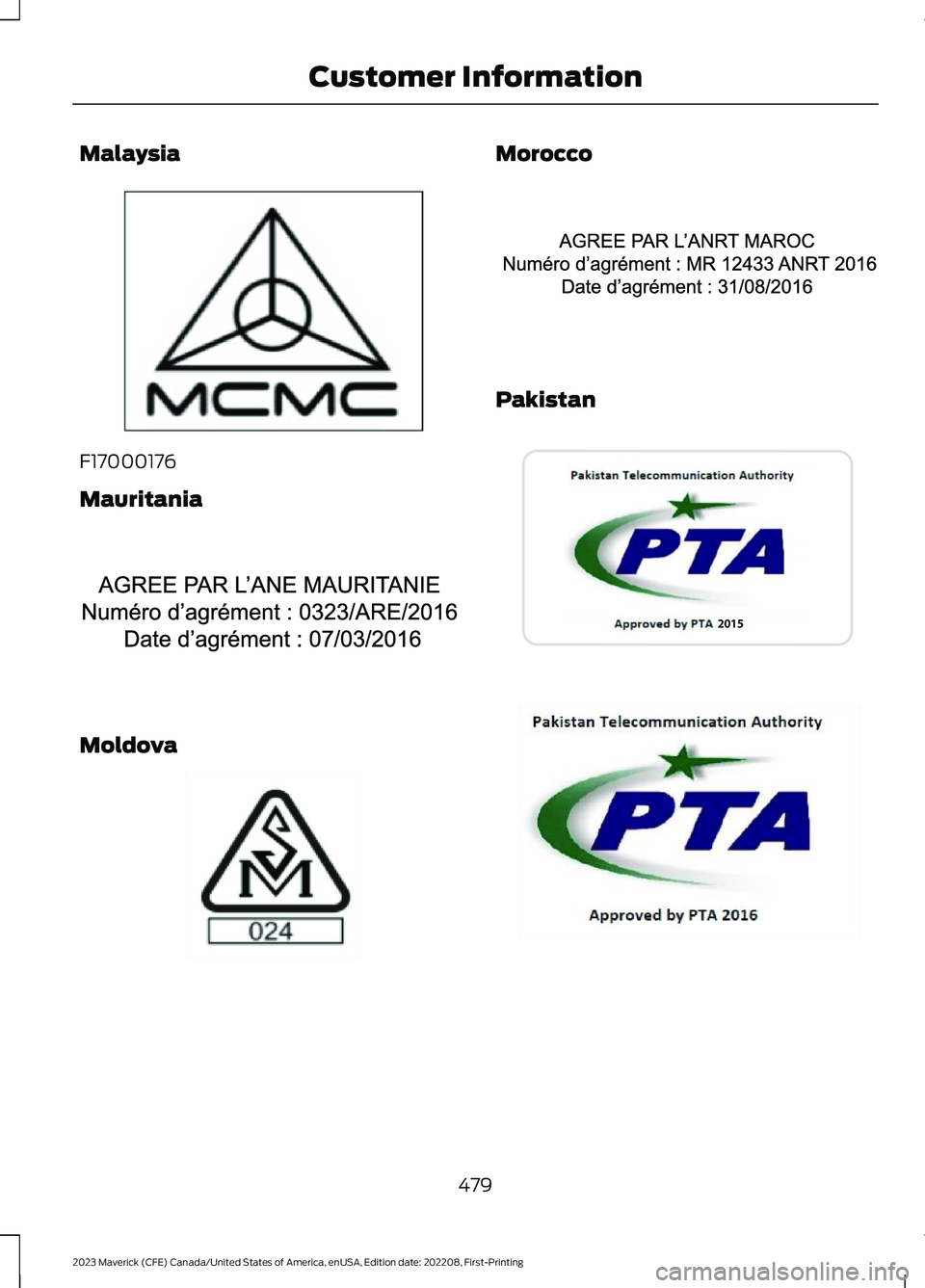 FORD MAVERICK 2023  Owners Manual Malaysia
F17000176
Mauritania
Moldova
Morocco
Pakistan
479
2023 Maverick (CFE) Canada/United States of America, enUSA, Edition date: 202208, First-PrintingCustomer InformationE339836  E340310  E337971