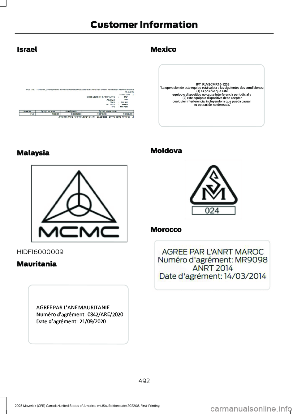 FORD MAVERICK 2023  Owners Manual Israel
Malaysia
HIDF16000009
Mauritania
Mexico
Moldova
Morocco
492
2023 Maverick (CFE) Canada/United States of America, enUSA, Edition date: 202208, First-PrintingCustomer InformationE382726  E339836 