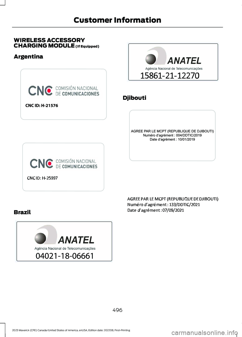 FORD MAVERICK 2023  Owners Manual WIRELESS ACCESSORYCHARGING MODULE (If Equipped)
Argentina
Brazil
Djibouti
496
2023 Maverick (CFE) Canada/United States of America, enUSA, Edition date: 202208, First-PrintingCustomer InformationE34052