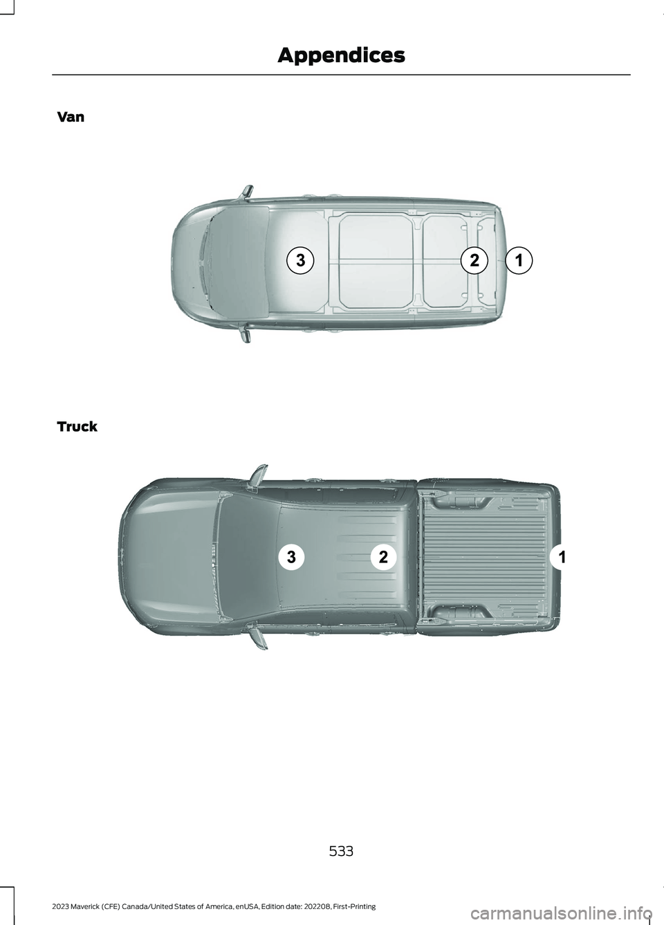 FORD MAVERICK 2023 Owners Manual Van
Truck
533
2023 Maverick (CFE) Canada/United States of America, enUSA, Edition date: 202208, First-PrintingAppendicesE239122 E239121 FORD MAVERICK 2023 Owners Manual Van
Truck
533
2023 Maverick (CFE) Canada/United States of America, enUSA, Edition date: 202208, First-PrintingAppendicesE239122 E239121