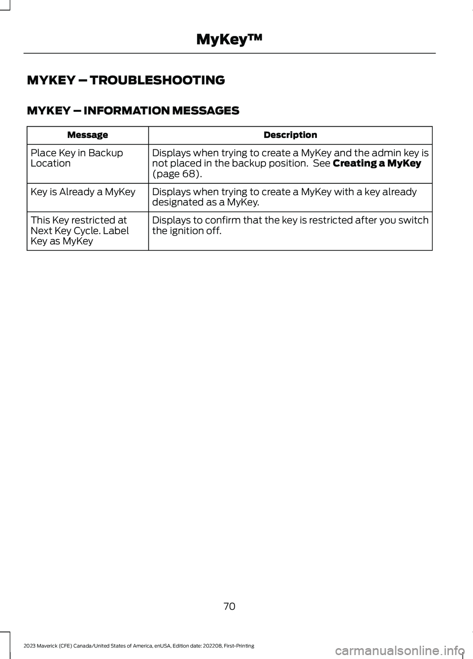 FORD MAVERICK 2023 Manual PDF MYKEY – TROUBLESHOOTING
MYKEY – INFORMATION MESSAGES
DescriptionMessage
Displays when trying to create a MyKey and the admin key isnot placed in the backup position. See Creating a MyKey(page 68). FORD MAVERICK 2023 Manual PDF MYKEY – TROUBLESHOOTING
MYKEY – INFORMATION MESSAGES
DescriptionMessage
Displays when trying to create a MyKey and the admin key isnot placed in the backup position. See Creating a MyKey(page 68).