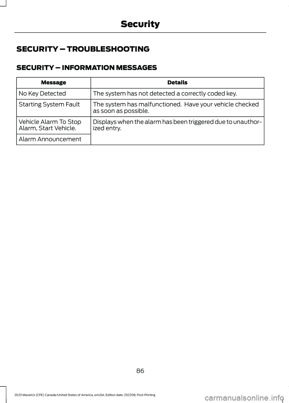 FORD MAVERICK 2023 Owners Manual SECURITY – TROUBLESHOOTING
SECURITY – INFORMATION MESSAGES
DetailsMessage
The system has not detected a correctly coded key.No Key Detected
The system has malfunctioned. Have your vehicle checked FORD MAVERICK 2023 Owners Manual SECURITY – TROUBLESHOOTING
SECURITY – INFORMATION MESSAGES
DetailsMessage
The system has not detected a correctly coded key.No Key Detected
The system has malfunctioned. Have your vehicle checked