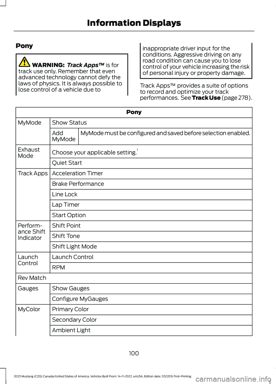 FORD MUSTANG 2023 Owners Manual Pony
WARNING: Track Apps™ is fortrack use only. Remember that evenadvanced technology cannot defy thelaws of physics. It is always possible tolose control of a vehicle due to
inappropriate driver in FORD MUSTANG 2023 Owners Manual Pony
WARNING: Track Apps™ is fortrack use only. Remember that evenadvanced technology cannot defy thelaws of physics. It is always possible tolose control of a vehicle due to
inappropriate driver in
