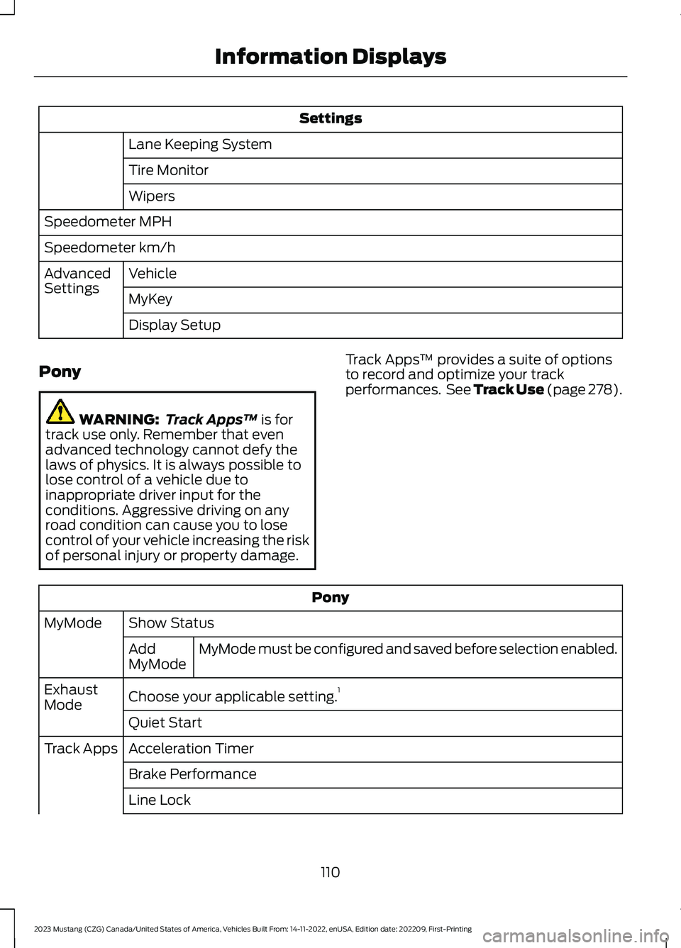 FORD MUSTANG 2023 Owners Guide Settings
Lane Keeping System
Tire Monitor
Wipers
Speedometer MPH
Speedometer km/h
VehicleAdvancedSettingsMyKey
Display Setup
Pony
WARNING: Track Apps™ is fortrack use only. Remember that evenadvance FORD MUSTANG 2023 Owners Guide Settings
Lane Keeping System
Tire Monitor
Wipers
Speedometer MPH
Speedometer km/h
VehicleAdvancedSettingsMyKey
Display Setup
Pony
WARNING: Track Apps™ is fortrack use only. Remember that evenadvance