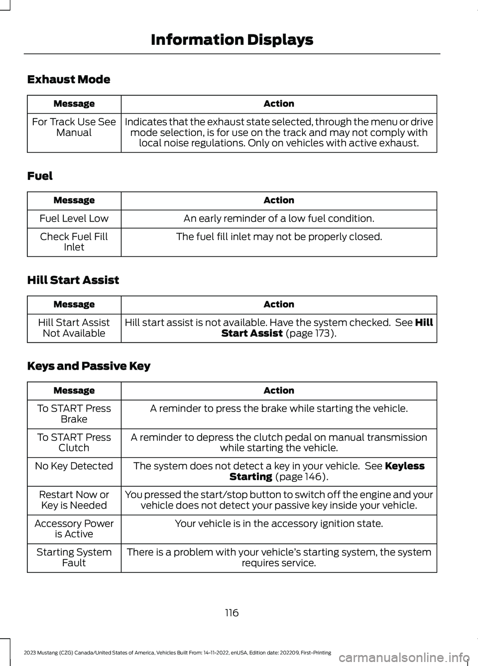 FORD MUSTANG 2023 Owners Manual Exhaust Mode
ActionMessage
Indicates that the exhaust state selected, through the menu or drivemode selection, is for use on the track and may not comply withlocal noise regulations. Only on vehicles FORD MUSTANG 2023 Owners Manual Exhaust Mode
ActionMessage
Indicates that the exhaust state selected, through the menu or drivemode selection, is for use on the track and may not comply withlocal noise regulations. Only on vehicles