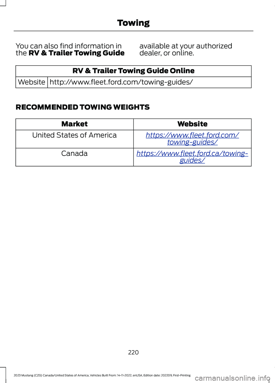 FORD MUSTANG 2023 Owners Manual You can also find information inthe RV & Trailer Towing Guideavailable at your authorizeddealer, or online.
RV & Trailer Towing Guide Online
http://www.fleet.ford.com/towing-guides/Website
RECOMMENDED FORD MUSTANG 2023 Owners Manual You can also find information inthe RV & Trailer Towing Guideavailable at your authorizeddealer, or online.
RV & Trailer Towing Guide Online
http://www.fleet.ford.com/towing-guides/Website
RECOMMENDED