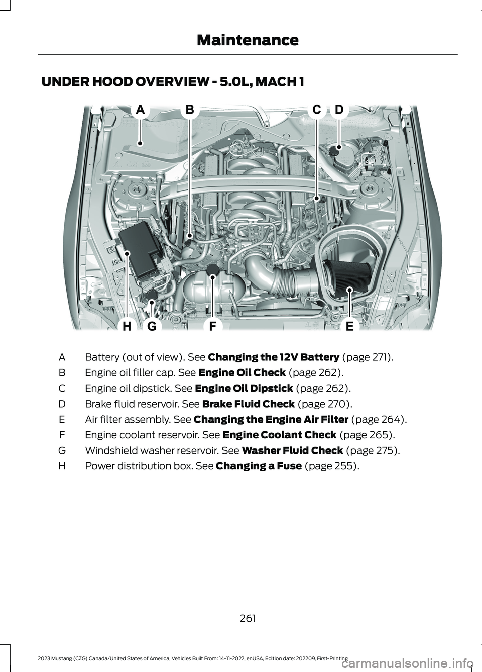 FORD MUSTANG 2023 Owners Manual UNDER HOOD OVERVIEW - 5.0L, MACH 1
Battery (out of view). See Changing the 12V Battery (page 271).A
Engine oil filler cap. See Engine Oil Check (page 262).B
Engine oil dipstick. See Engine Oil Dipstic FORD MUSTANG 2023 Owners Manual UNDER HOOD OVERVIEW - 5.0L, MACH 1
Battery (out of view). See Changing the 12V Battery (page 271).A
Engine oil filler cap. See Engine Oil Check (page 262).B
Engine oil dipstick. See Engine Oil Dipstic