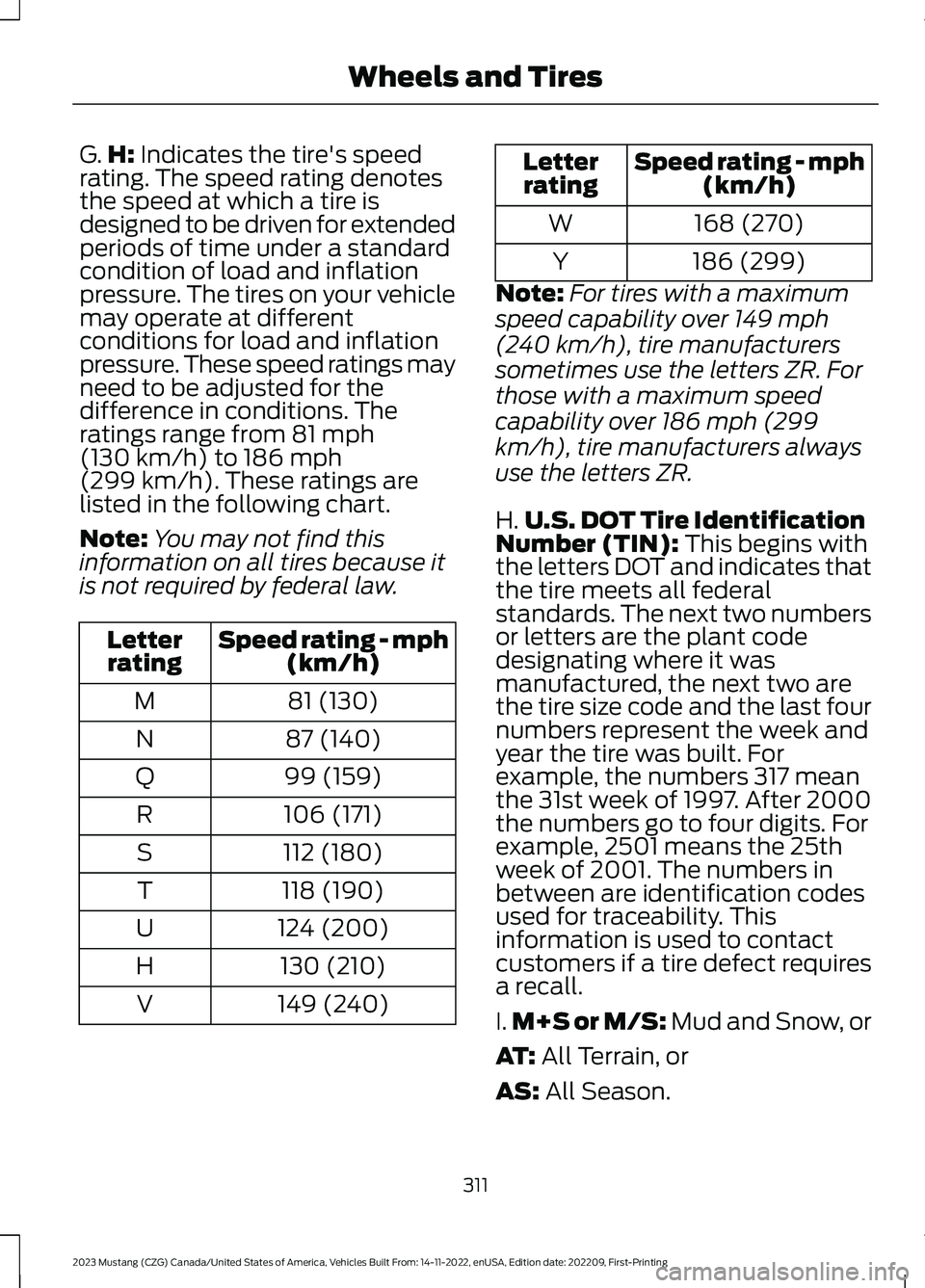 FORD MUSTANG 2023 Owners Manual G.H: Indicates the tire's speedrating. The speed rating denotesthe speed at which a tire isdesigned to be driven for extendedperiods of time under a standardcondition of load and inflationpressure FORD MUSTANG 2023 Owners Manual G.H: Indicates the tire's speedrating. The speed rating denotesthe speed at which a tire isdesigned to be driven for extendedperiods of time under a standardcondition of load and inflationpressure
