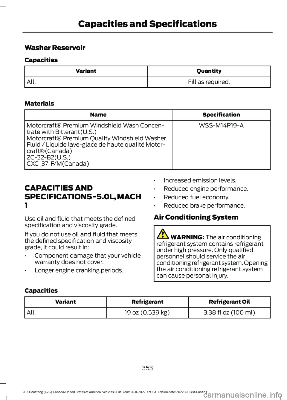 FORD MUSTANG 2023 Owners Manual Washer Reservoir
Capacities
QuantityVariant
Fill as required.All.
Materials
SpecificationName
WSS-M14P19-AMotorcraft® Premium Windshield Wash Concen-trate with Bitterant(U.S.)Motorcraft® Premium Qua FORD MUSTANG 2023 Owners Manual Washer Reservoir
Capacities
QuantityVariant
Fill as required.All.
Materials
SpecificationName
WSS-M14P19-AMotorcraft® Premium Windshield Wash Concen-trate with Bitterant(U.S.)Motorcraft® Premium Qua