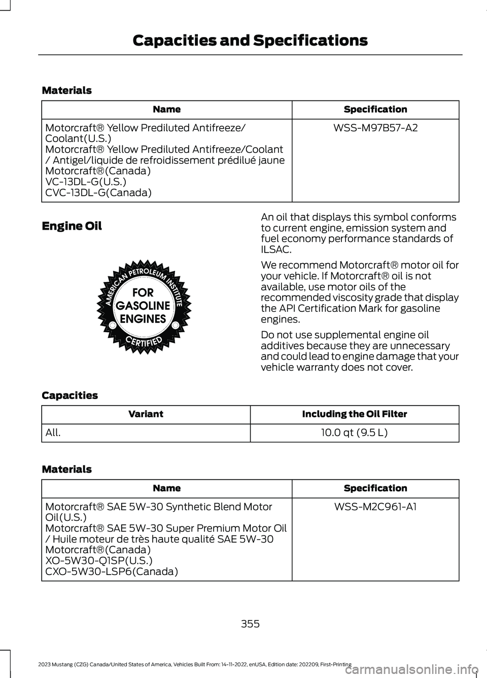FORD MUSTANG 2023 Owners Manual Materials
SpecificationName
WSS-M97B57-A2Motorcraft® Yellow Prediluted Antifreeze/Coolant(U.S.)Motorcraft® Yellow Prediluted Antifreeze/Coolant/ Antigel/liquide de refroidissement prédilué jauneMo FORD MUSTANG 2023 Owners Manual Materials
SpecificationName
WSS-M97B57-A2Motorcraft® Yellow Prediluted Antifreeze/Coolant(U.S.)Motorcraft® Yellow Prediluted Antifreeze/Coolant/ Antigel/liquide de refroidissement prédilué jauneMo