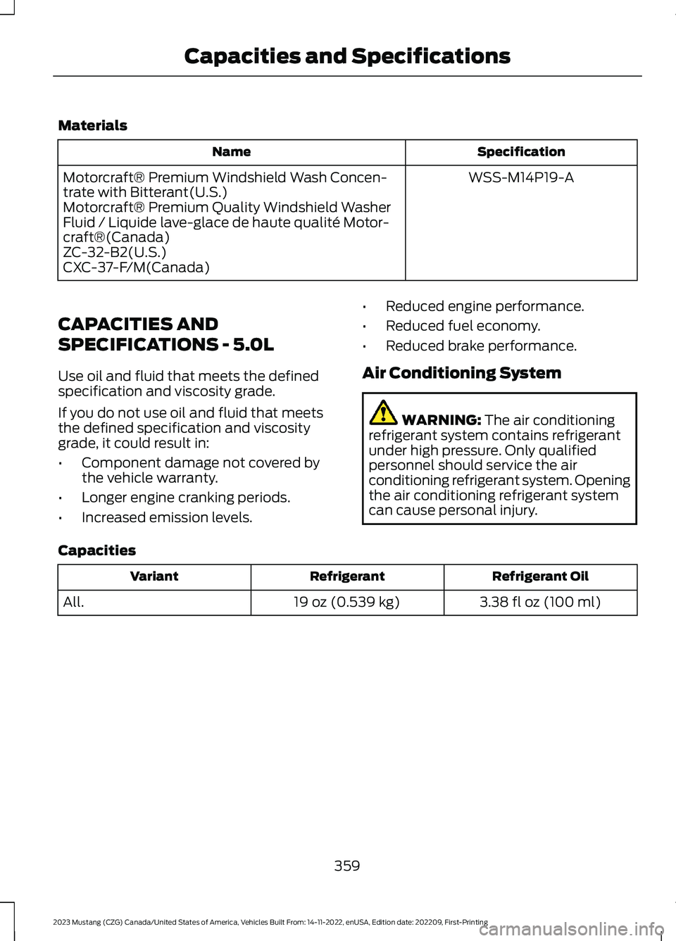 FORD MUSTANG 2023 Owners Manual Materials
SpecificationName
WSS-M14P19-AMotorcraft® Premium Windshield Wash Concen-trate with Bitterant(U.S.)Motorcraft® Premium Quality Windshield WasherFluid / Liquide lave-glace de haute qualité FORD MUSTANG 2023 Owners Manual Materials
SpecificationName
WSS-M14P19-AMotorcraft® Premium Windshield Wash Concen-trate with Bitterant(U.S.)Motorcraft® Premium Quality Windshield WasherFluid / Liquide lave-glace de haute qualité