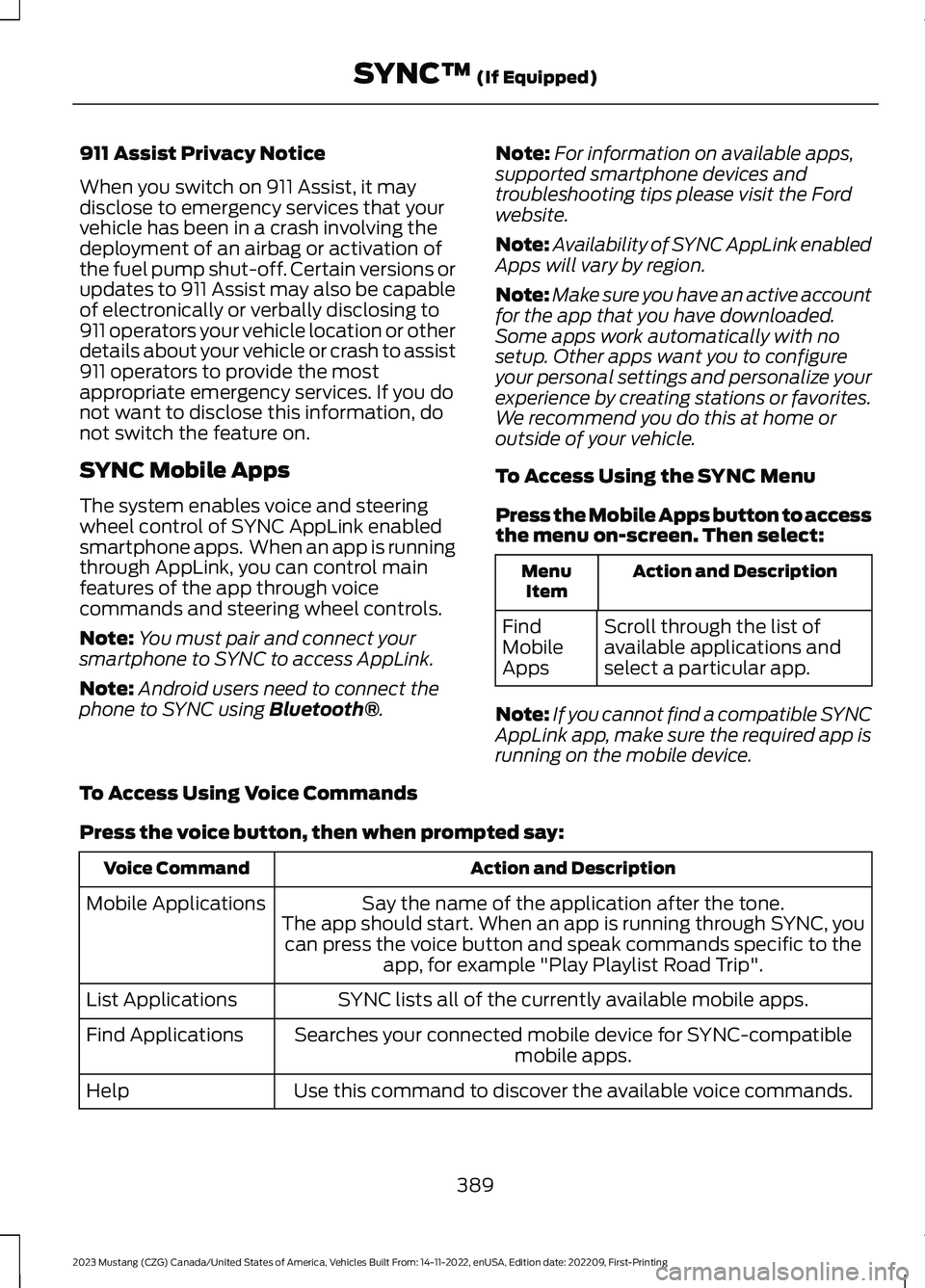 FORD MUSTANG 2023 Owners Manual 911 Assist Privacy Notice
When you switch on 911 Assist, it maydisclose to emergency services that yourvehicle has been in a crash involving thedeployment of an airbag or activation ofthe fuel pump sh FORD MUSTANG 2023 Owners Manual 911 Assist Privacy Notice
When you switch on 911 Assist, it maydisclose to emergency services that yourvehicle has been in a crash involving thedeployment of an airbag or activation ofthe fuel pump sh
