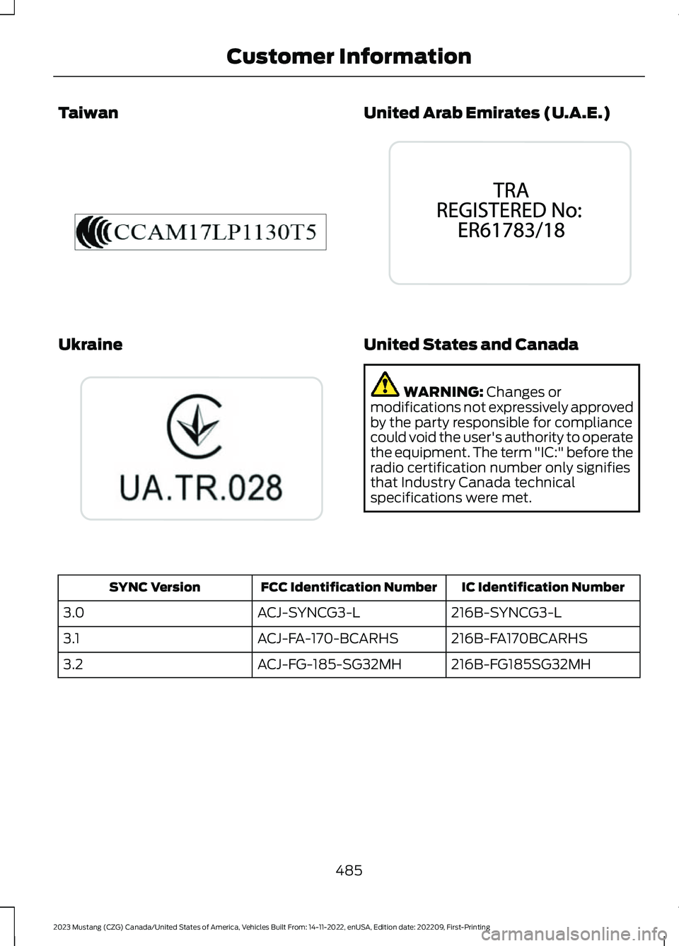 FORD MUSTANG 2023  Owners Manual Taiwan
Ukraine
United Arab Emirates (U.A.E.)
United States and Canada
WARNING: Changes ormodifications not expressively approvedby the party responsible for compliancecould void the user's authori