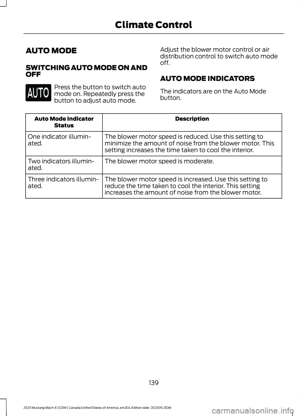 FORD MUSTANG MACH E 2023 Owners Manual AUTO MODE
SWITCHING AUTO MODE ON ANDOFF
Press the button to switch automode on. Repeatedly press thebutton to adjust auto mode.
Adjust the blower motor control or airdistribution control to switch aut FORD MUSTANG MACH E 2023 Owners Manual AUTO MODE
SWITCHING AUTO MODE ON ANDOFF
Press the button to switch automode on. Repeatedly press thebutton to adjust auto mode.
Adjust the blower motor control or airdistribution control to switch aut
