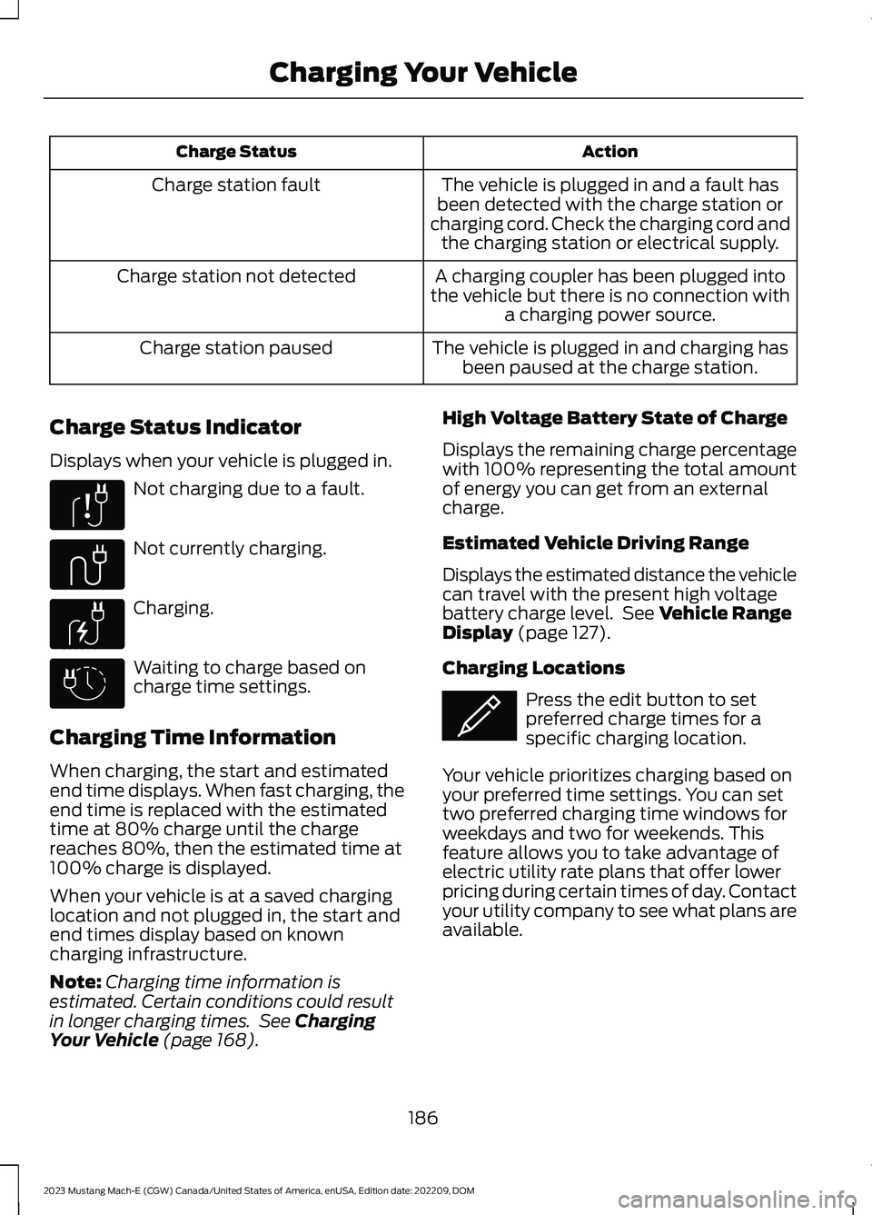 FORD MUSTANG MACH E 2023 Owners Manual ActionCharge Status
The vehicle is plugged in and a fault hasbeen detected with the charge station orcharging cord. Check the charging cord andthe charging station or electrical supply.
Charge station FORD MUSTANG MACH E 2023 Owners Manual ActionCharge Status
The vehicle is plugged in and a fault hasbeen detected with the charge station orcharging cord. Check the charging cord andthe charging station or electrical supply.
Charge station