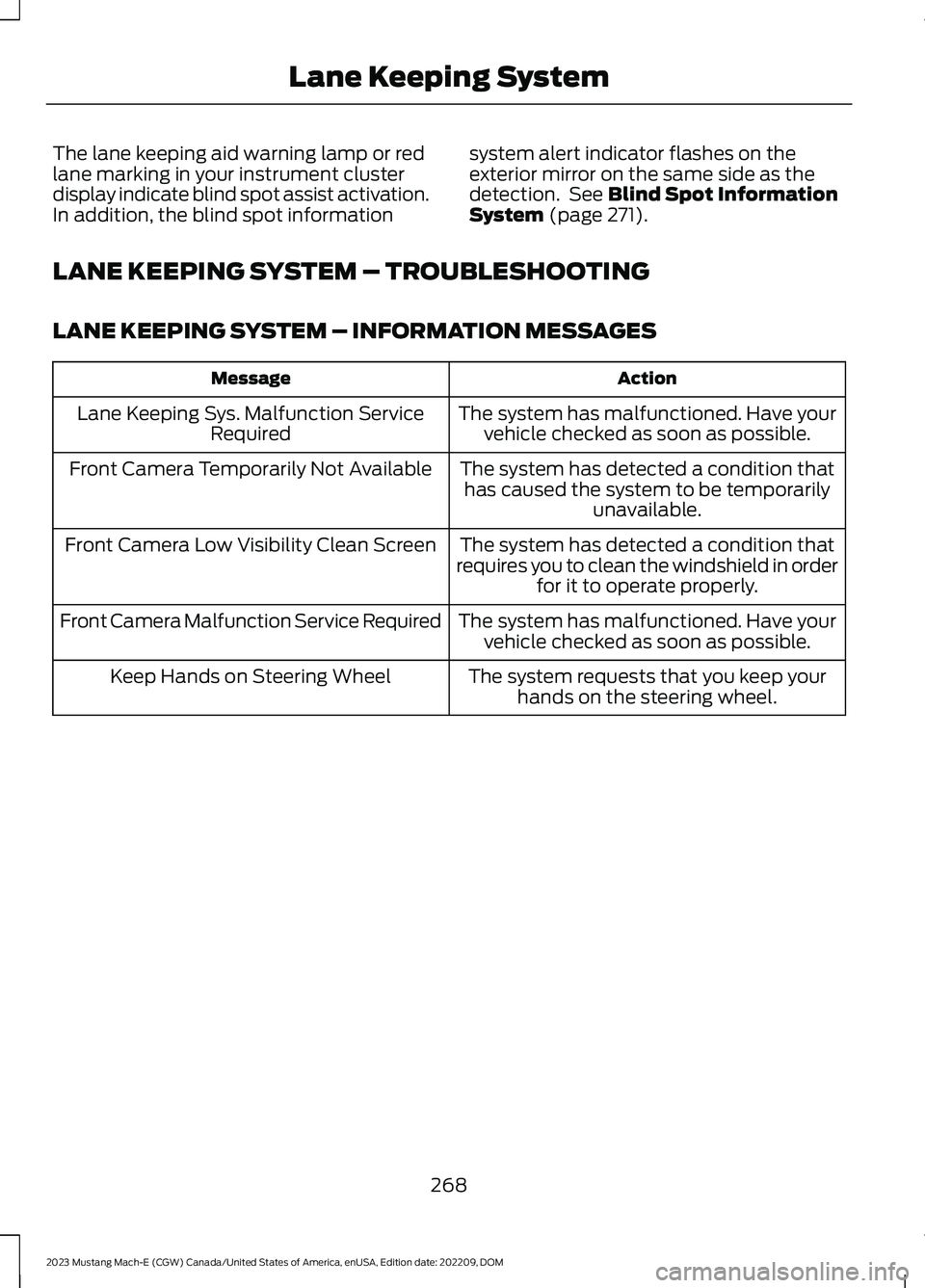 FORD MUSTANG MACH E 2023 Repair Manual The lane keeping aid warning lamp or redlane marking in your instrument clusterdisplay indicate blind spot assist activation.In addition, the blind spot information
system alert indicator flashes on t FORD MUSTANG MACH E 2023 Repair Manual The lane keeping aid warning lamp or redlane marking in your instrument clusterdisplay indicate blind spot assist activation.In addition, the blind spot information
system alert indicator flashes on t
