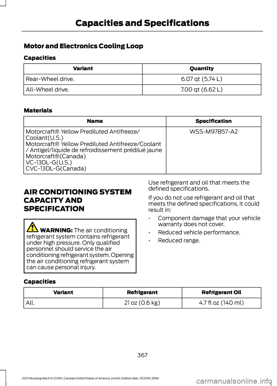 FORD MUSTANG MACH E 2023 Owners Manual Motor and Electronics Cooling Loop
Capacities
QuantityVariant
6.07 qt (5.74 L)Rear-Wheel drive.
7.00 qt (6.62 L)All-Wheel drive.
Materials
SpecificationName
WSS-M97B57-A2Motorcraft® Yellow Prediluted FORD MUSTANG MACH E 2023 Owners Manual Motor and Electronics Cooling Loop
Capacities
QuantityVariant
6.07 qt (5.74 L)Rear-Wheel drive.
7.00 qt (6.62 L)All-Wheel drive.
Materials
SpecificationName
WSS-M97B57-A2Motorcraft® Yellow Prediluted