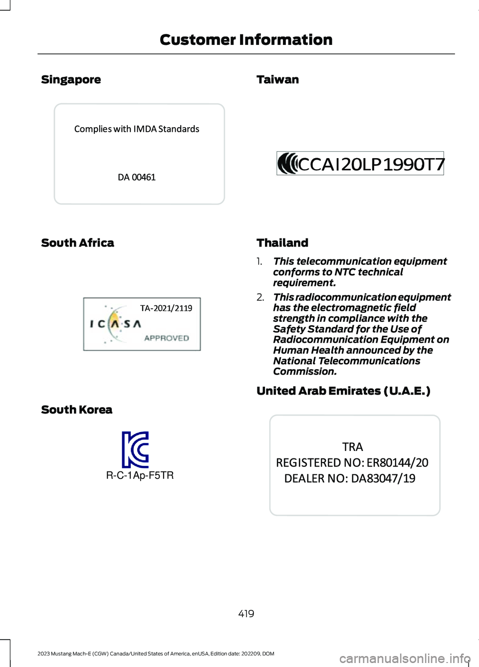 FORD MUSTANG MACH E 2023  Owners Manual Singapore
South Africa
South Korea
Taiwan
Thailand
1.This telecommunication equipmentconforms to NTC technicalrequirement.
2.This radiocommunication equipmenthas the electromagnetic fieldstrength in c