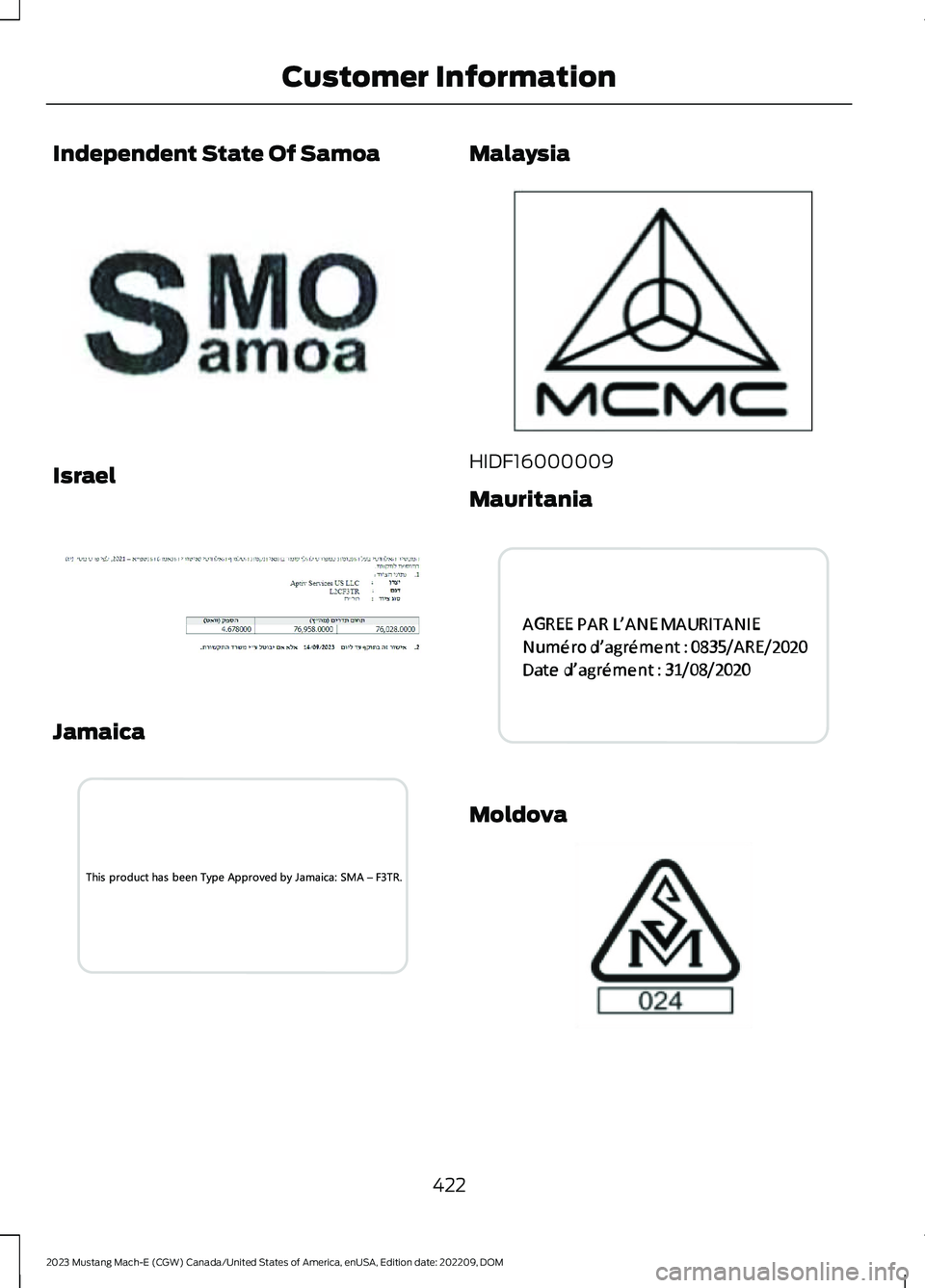 FORD MUSTANG MACH E 2023  Owners Manual Independent State Of Samoa
Israel
Jamaica
Malaysia
HIDF16000009
Mauritania
Moldova
422
2023 Mustang Mach-E (CGW) Canada/United States of America, enUSA, Edition date: 202209, DOMCustomer InformationE3