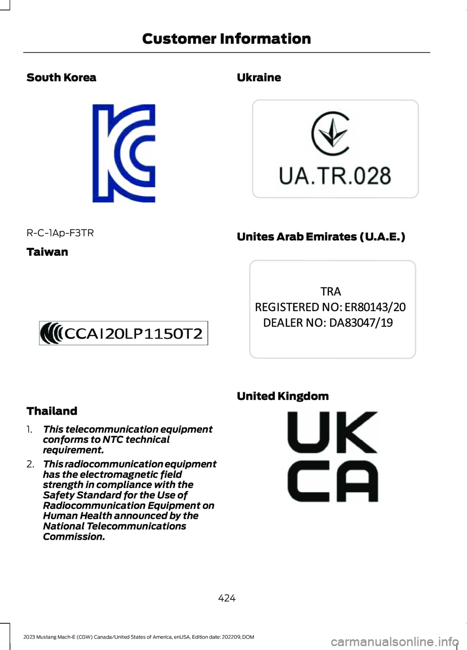 FORD MUSTANG MACH E 2023  Owners Manual South Korea
R-C-1Ap-F3TR
Taiwan
Thailand
1.This telecommunication equipmentconforms to NTC technicalrequirement.
2.This radiocommunication equipmenthas the electromagnetic fieldstrength in compliance 