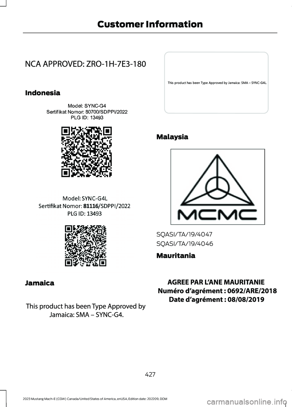 FORD MUSTANG MACH E 2023  Owners Manual Indonesia
Jamaica
Malaysia
SQASI/TA/19/4047
SQASI/TA/19/4046
Mauritania
427
2023 Mustang Mach-E (CGW) Canada/United States of America, enUSA, Edition date: 202209, DOMCustomer InformationE338203  E380