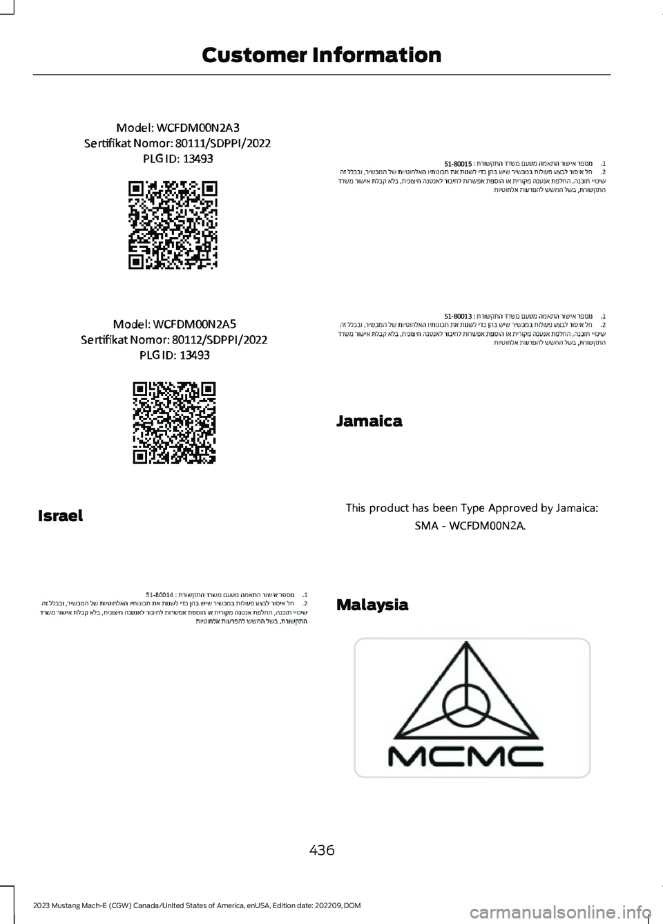 FORD MUSTANG MACH E 2023  Owners Manual Israel
Jamaica
Malaysia
436
2023 Mustang Mach-E (CGW) Canada/United States of America, enUSA, Edition date: 202209, DOMCustomer InformationE375962  E375963  E370175  E387620  E387621  E364757  E269697