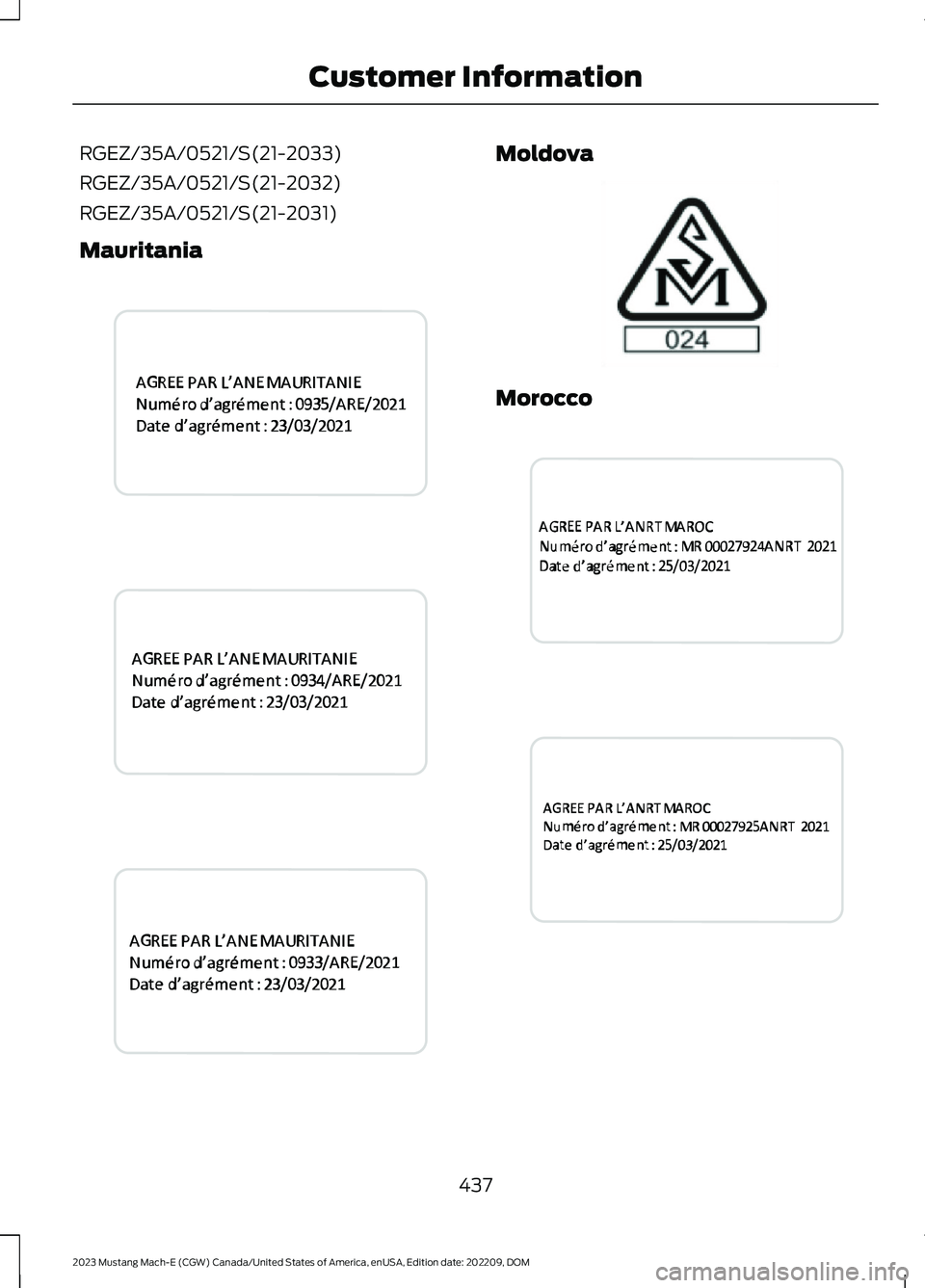 FORD MUSTANG MACH E 2023 Owners Manual RGEZ/35A/0521/S(21-2033)
RGEZ/35A/0521/S(21-2032)
RGEZ/35A/0521/S(21-2031)
Mauritania
Moldova
Morocco
437
2023 Mustang Mach-E (CGW) Canada/United States of America, enUSA, Edition date: 202209, DOMCus FORD MUSTANG MACH E 2023 Owners Manual RGEZ/35A/0521/S(21-2033)
RGEZ/35A/0521/S(21-2032)
RGEZ/35A/0521/S(21-2031)
Mauritania
Moldova
Morocco
437
2023 Mustang Mach-E (CGW) Canada/United States of America, enUSA, Edition date: 202209, DOMCus