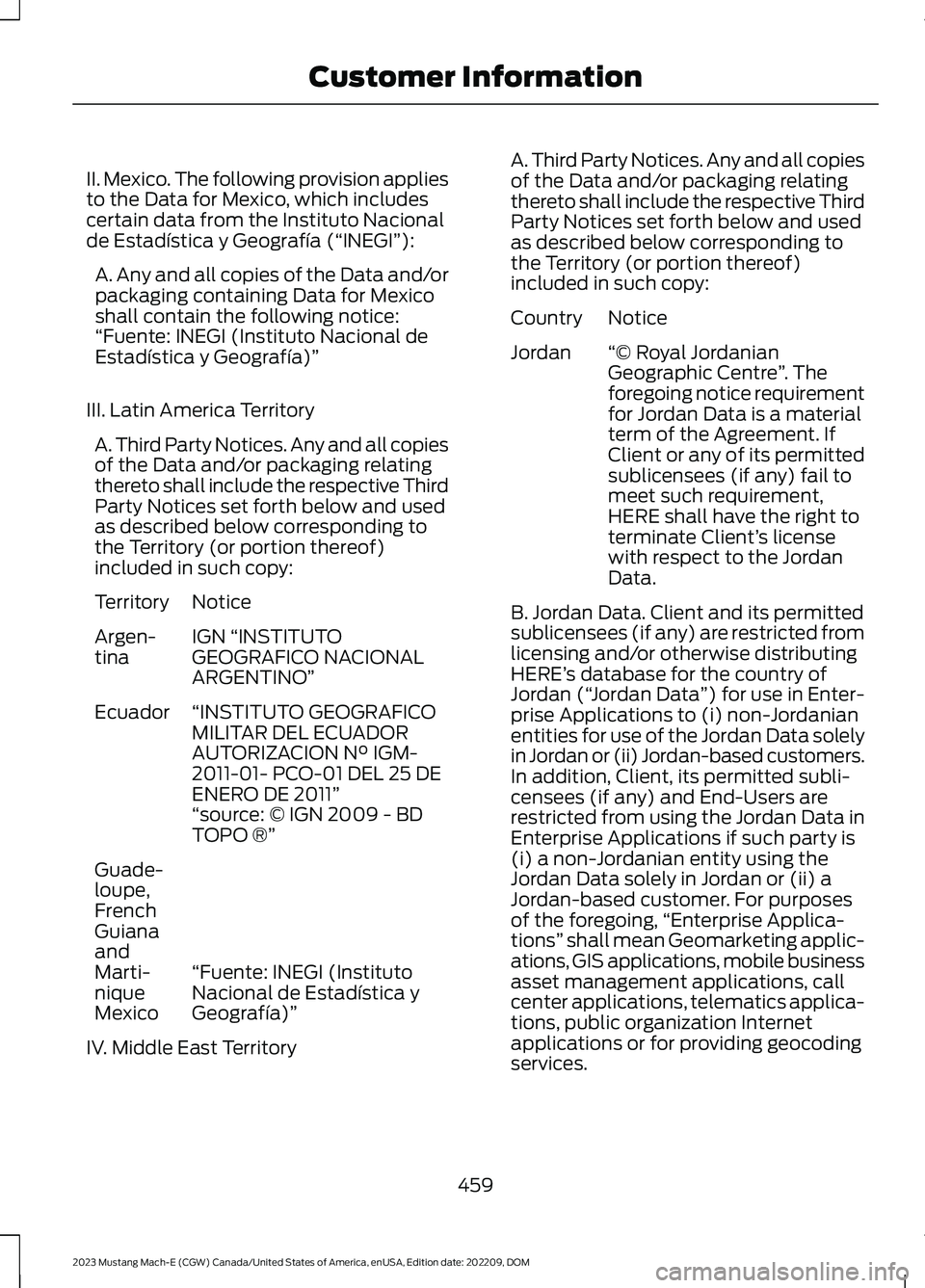 FORD MUSTANG MACH E 2023 Manual Online II. Mexico. The following provision appliesto the Data for Mexico, which includescertain data from the Instituto Nacionalde Estadística y Geografía (“INEGI”):
A. Any and all copies of the Data a FORD MUSTANG MACH E 2023 Manual Online II. Mexico. The following provision appliesto the Data for Mexico, which includescertain data from the Instituto Nacionalde Estadística y Geografía (“INEGI”):
A. Any and all copies of the Data a