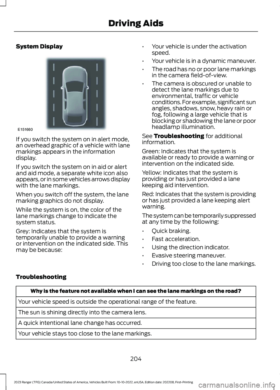 FORD RANGER 2023 User Guide System Display
If you switch the system on in alert mode,an overhead graphic of a vehicle with lanemarkings appears in the informationdisplay.
If you switch the system on in aid or alertand aid mode, FORD RANGER 2023 User Guide System Display
If you switch the system on in alert mode,an overhead graphic of a vehicle with lanemarkings appears in the informationdisplay.
If you switch the system on in aid or alertand aid mode,