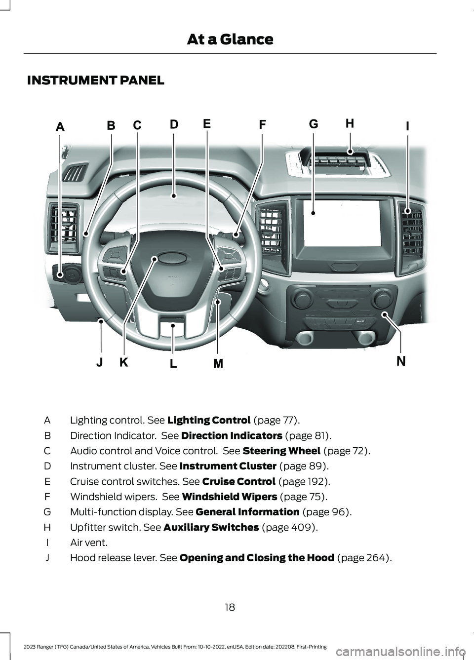 FORD RANGER 2023 Owners Manual INSTRUMENT PANEL
Lighting control. See Lighting Control (page 77).A
Direction Indicator. See Direction Indicators (page 81).B
Audio control and Voice control. See Steering Wheel (page 72).C
Instrument FORD RANGER 2023 Owners Manual INSTRUMENT PANEL
Lighting control. See Lighting Control (page 77).A
Direction Indicator. See Direction Indicators (page 81).B
Audio control and Voice control. See Steering Wheel (page 72).C
Instrument
