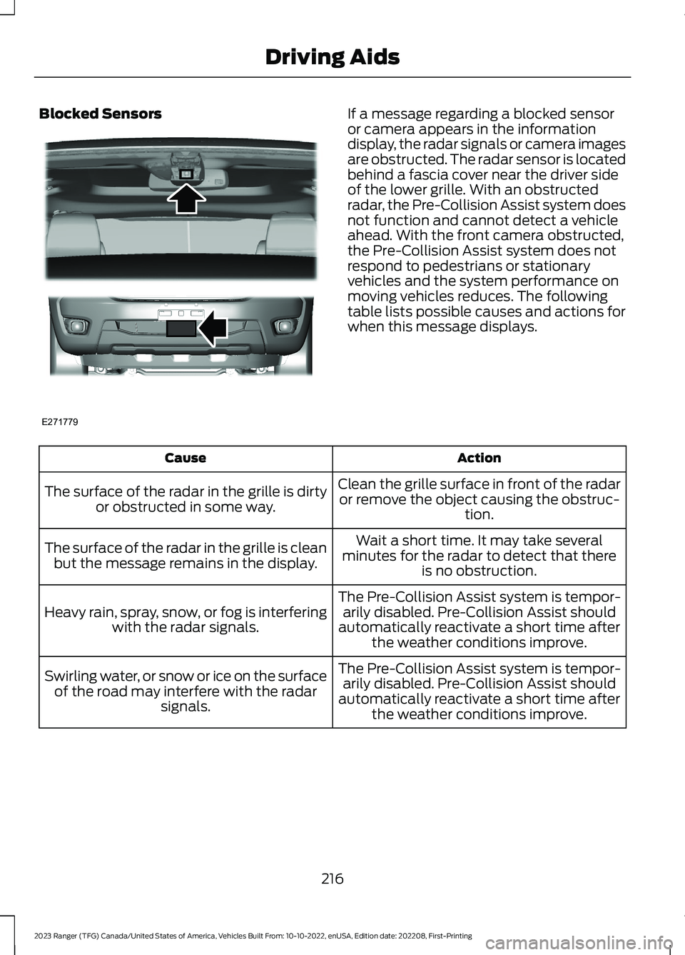 FORD RANGER 2023 Owners Guide Blocked SensorsIf a message regarding a blocked sensoror camera appears in the informationdisplay, the radar signals or camera imagesare obstructed. The radar sensor is locatedbehind a fascia cover ne FORD RANGER 2023 Owners Guide Blocked SensorsIf a message regarding a blocked sensoror camera appears in the informationdisplay, the radar signals or camera imagesare obstructed. The radar sensor is locatedbehind a fascia cover ne