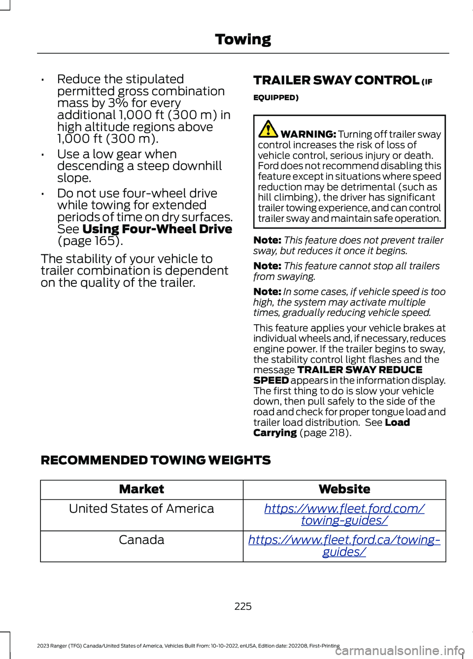 FORD RANGER 2023 Owners Manual •Reduce the stipulatedpermitted gross combinationmass by 3% for everyadditional 1,000 ft (300 m) inhigh altitude regions above1,000 ft (300 m).
•Use a low gear whendescending a steep downhillslope FORD RANGER 2023 Owners Manual •Reduce the stipulatedpermitted gross combinationmass by 3% for everyadditional 1,000 ft (300 m) inhigh altitude regions above1,000 ft (300 m).
•Use a low gear whendescending a steep downhillslope