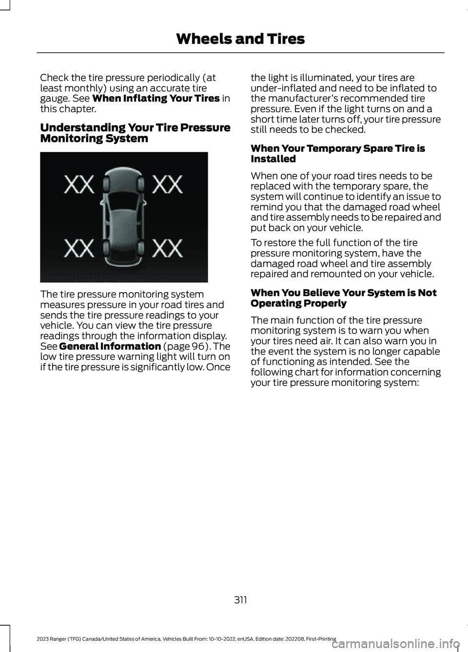 FORD RANGER 2023 Manual Online Check the tire pressure periodically (atleast monthly) using an accurate tiregauge. See When Inflating Your Tires inthis chapter.
Understanding Your Tire PressureMonitoring System
The tire pressure mo FORD RANGER 2023 Manual Online Check the tire pressure periodically (atleast monthly) using an accurate tiregauge. See When Inflating Your Tires inthis chapter.
Understanding Your Tire PressureMonitoring System
The tire pressure mo