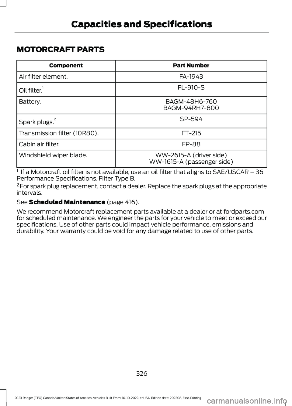 FORD RANGER 2023 Owners Manual MOTORCRAFT PARTS
Part NumberComponent
FA-1943Air filter element.
FL-910-SOil filter.1
BAGM-48H6-760Battery.BAGM-94RH7-800
SP-594Spark plugs.2
FT-215Transmission filter (10R80).
FP-88Cabin air filter.
FORD RANGER 2023 Owners Manual MOTORCRAFT PARTS
Part NumberComponent
FA-1943Air filter element.
FL-910-SOil filter.1
BAGM-48H6-760Battery.BAGM-94RH7-800
SP-594Spark plugs.2
FT-215Transmission filter (10R80).
FP-88Cabin air filter.