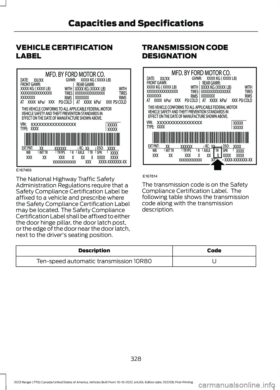 FORD RANGER 2023 Owners Manual VEHICLE CERTIFICATION
LABEL
The National Highway Traffic SafetyAdministration Regulations require that aSafety Compliance Certification Label beaffixed to a vehicle and prescribe wherethe Safety Compl FORD RANGER 2023 Owners Manual VEHICLE CERTIFICATION
LABEL
The National Highway Traffic SafetyAdministration Regulations require that aSafety Compliance Certification Label beaffixed to a vehicle and prescribe wherethe Safety Compl