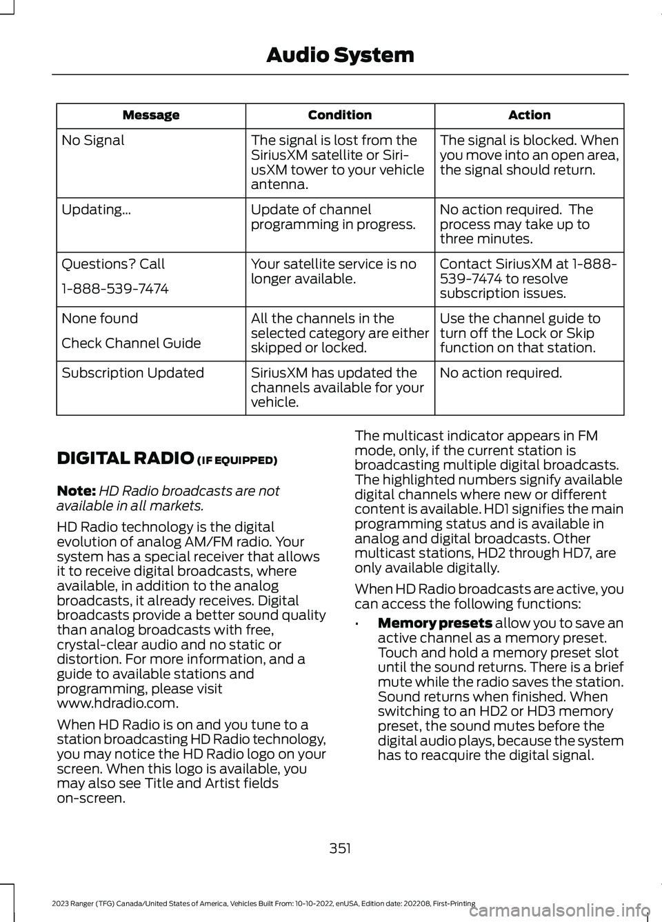 FORD RANGER 2023  Owners Manual ActionConditionMessage
The signal is blocked. Whenyou move into an open area,the signal should return.
The signal is lost from theSiriusXM satellite or Siri-usXM tower to your vehicleantenna.
No Signa