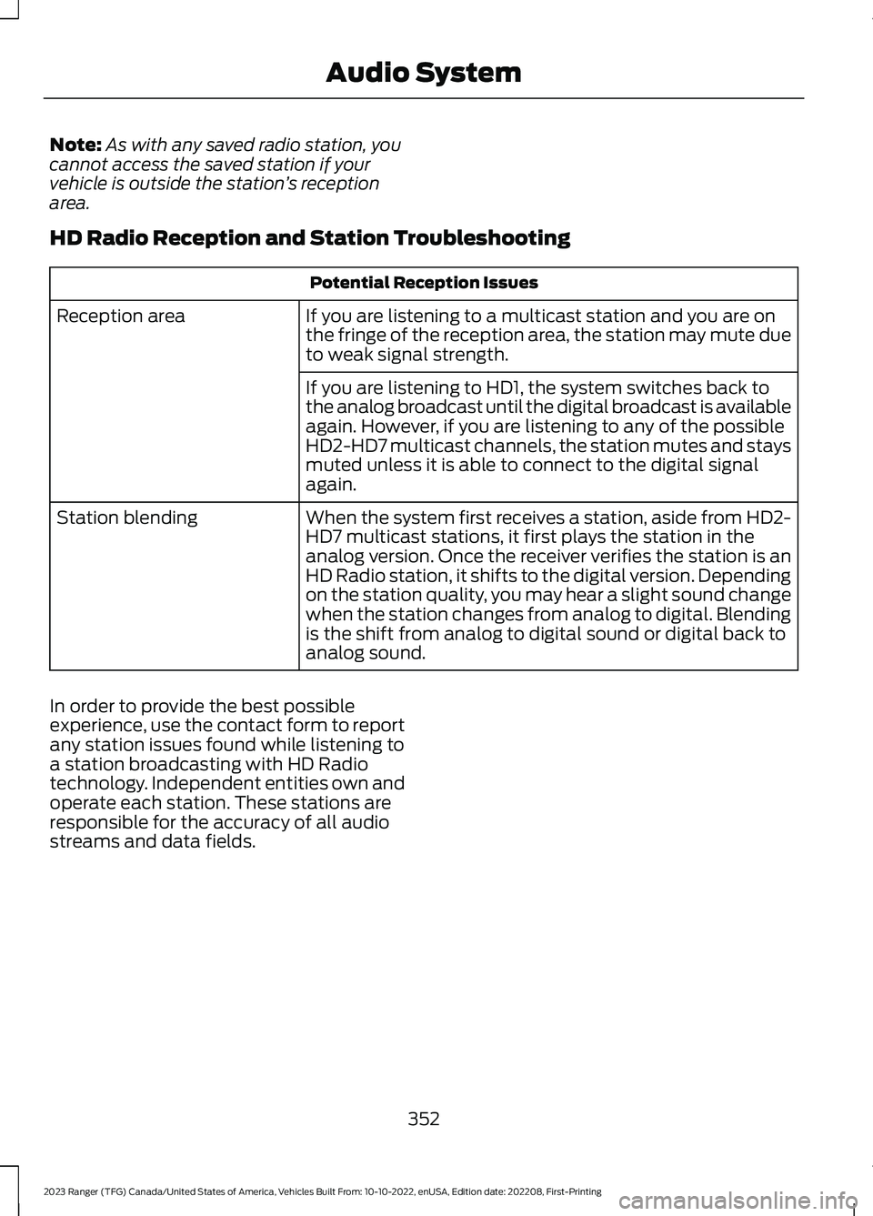 FORD RANGER 2023 Repair Manual Note:As with any saved radio station, youcannot access the saved station if yourvehicle is outside the station’s receptionarea.
HD Radio Reception and Station Troubleshooting
Potential Reception Iss FORD RANGER 2023 Repair Manual Note:As with any saved radio station, youcannot access the saved station if yourvehicle is outside the station’s receptionarea.
HD Radio Reception and Station Troubleshooting
Potential Reception Iss