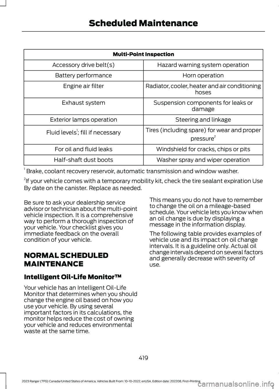 FORD RANGER 2023  Owners Manual Multi-Point Inspection
Hazard warning system operationAccessory drive belt(s)
Horn operationBattery performance
Radiator, cooler, heater and air conditioninghosesEngine air filter
Suspension component