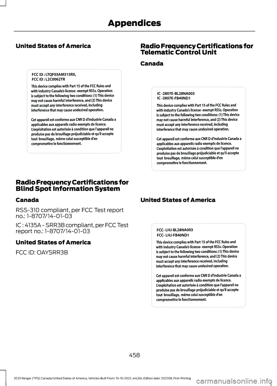 FORD RANGER 2023 Owners Manual United States of America
Radio Frequency Certifications forBlind Spot Information System
Canada
RSS-310 compliant, per FCC Test reportno.: 1-8707/14-01-03
IC : 4135A - SRR3B compliant, per FCC Testrep FORD RANGER 2023 Owners Manual United States of America
Radio Frequency Certifications forBlind Spot Information System
Canada
RSS-310 compliant, per FCC Test reportno.: 1-8707/14-01-03
IC : 4135A - SRR3B compliant, per FCC Testrep